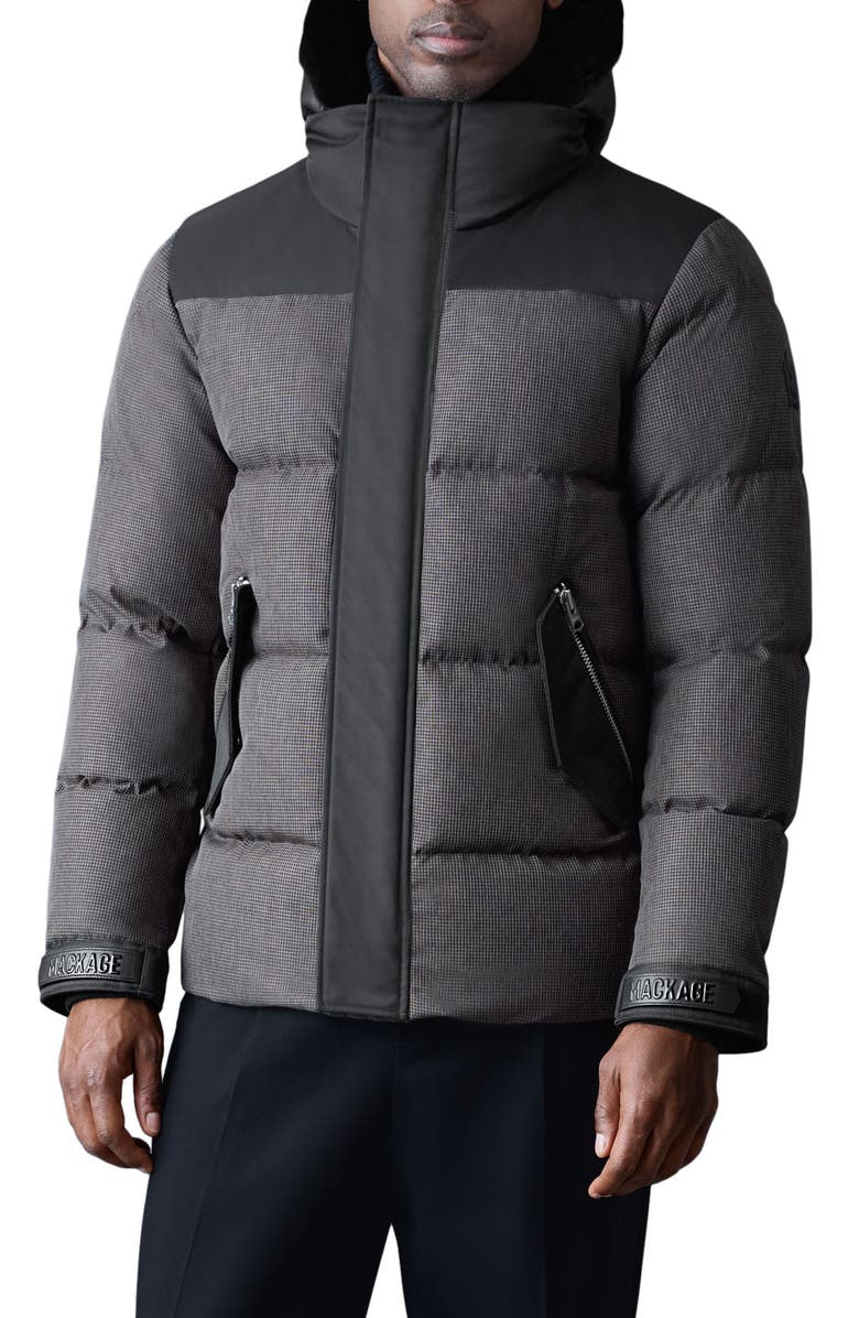 Mackage Riley Down Jacket with Genuine Shearling Hooded Bib, Main, color, Carbon Multi-Black