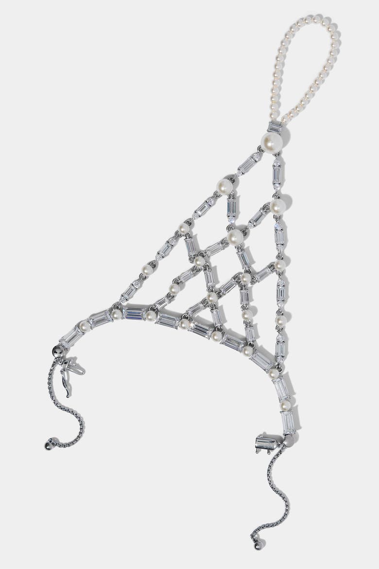 Ingrid Flower Hand Chain Bracelet, Main, color, Rhodium
