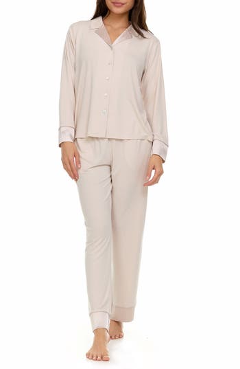 Flora By Flora Nikrooz Cecilia Notch Collar Jacquard Trim Pajamas In Neutral