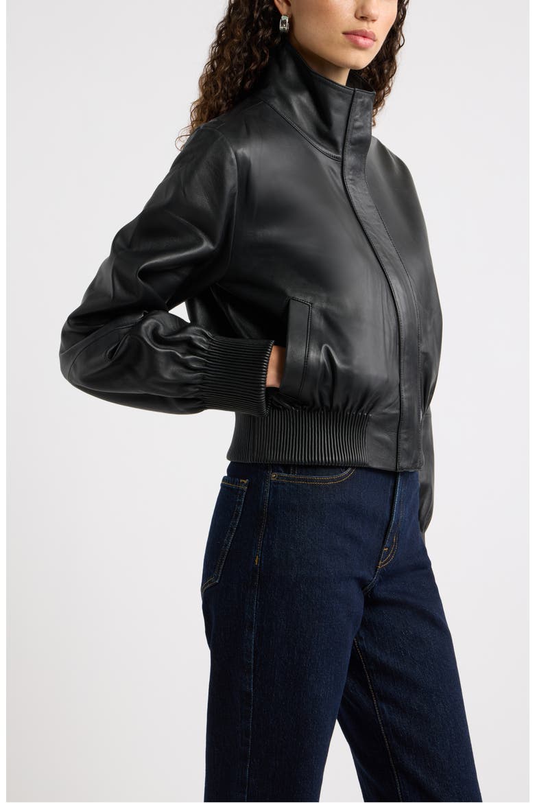 Funnel Neck Leather Bomber Jacket, Alternate, color, BLACK