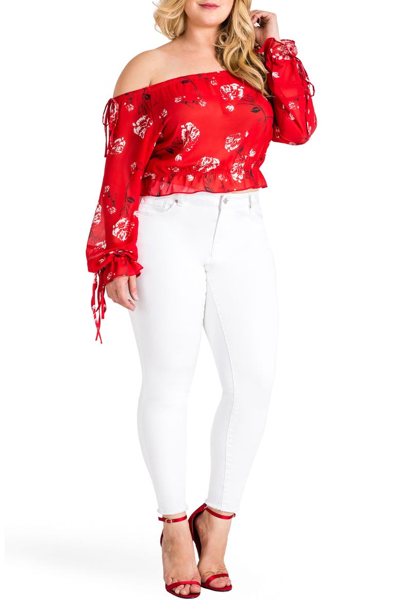 Marina Off the Shoulder Tie Sleeve Top, Alternate, color, RED TULIP PRINT