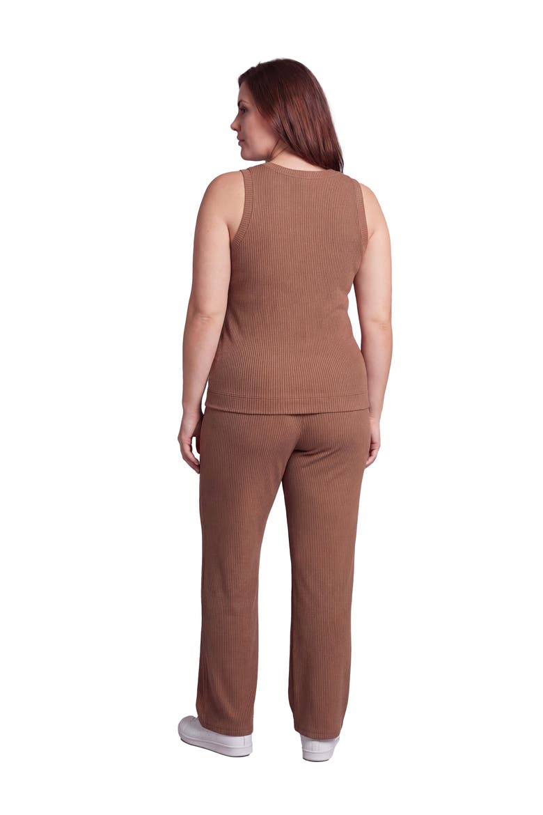 Curvy Basic Ribbed Knit Tank Top and Elastic Waist Wide Leg Pant Set, Alternate, color, Mocha