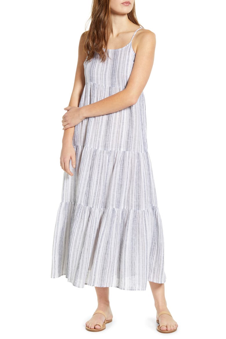 Lana Stripe Linen & Cotton Tiered Midi Sundress, Main, color, 50 SHADES