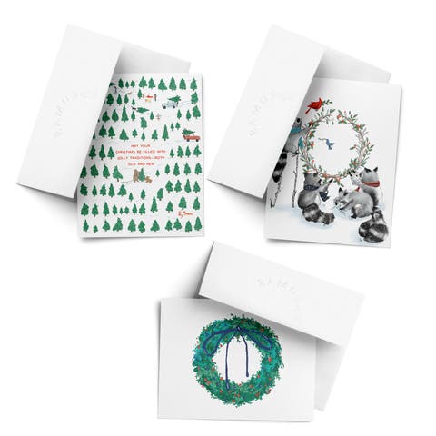 Traditions, Wreath, Raccoon Wreath Winter/Holiday/Christmas Greeting Card Pack Sets (3 ct, Assorted)