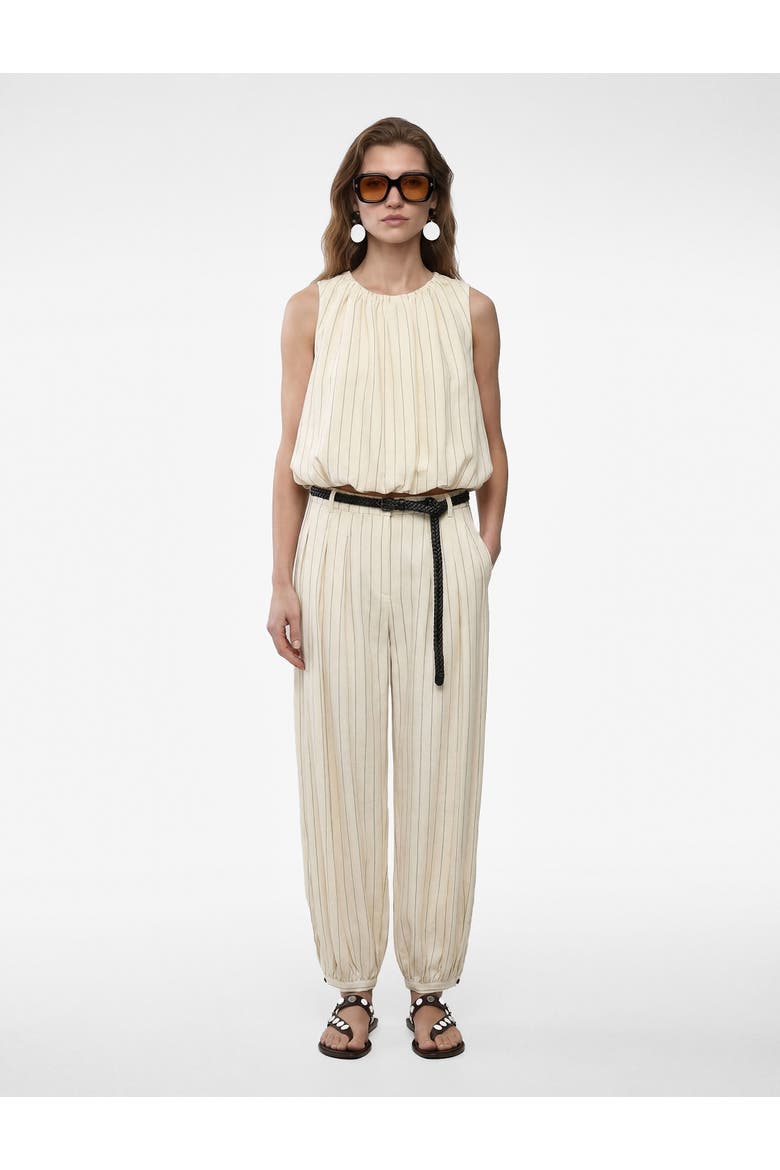 Linen Blend Pinstriped Harem Pants with Braided Belt, Alternate, color, BEIGE STRIPE