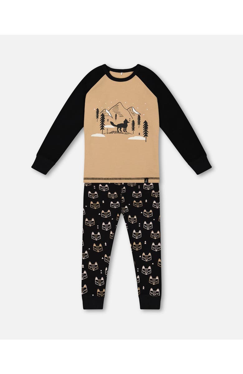 Deux par Deux Boy's Organic Cotton Two Piece Pajama Set Black Printed Fox, Main, color,
