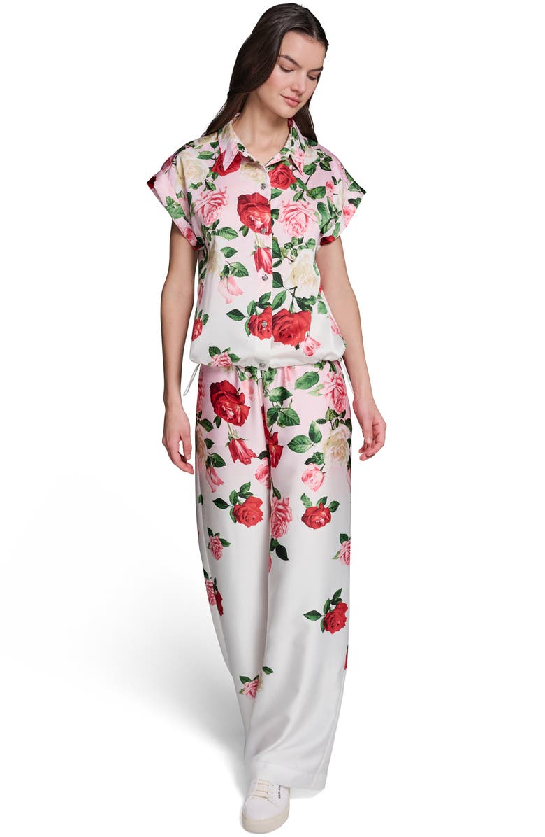 KARL LAGERFELD PARIS Placed Floral Satin Button-Up Shirt, Alternate, color, Cornelia Rose/ Sft Wht Multi