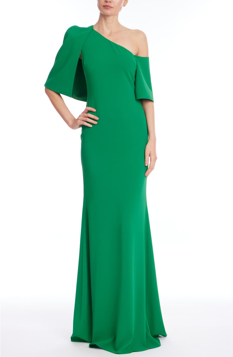 Badgley Mischka Collection One-Shoulder Stretch Crepe Trumpet Gown, Main, color, Green