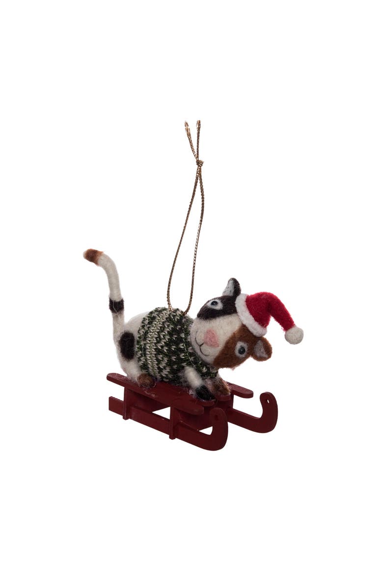 Cat On Sleigh Christmas Tree Ornament, Alternate, color, Black