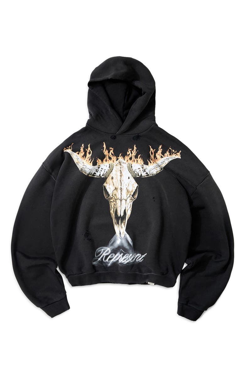 Represent British Cowboys Cotton Graphic Hoodie, Alternate, color, Stained Black