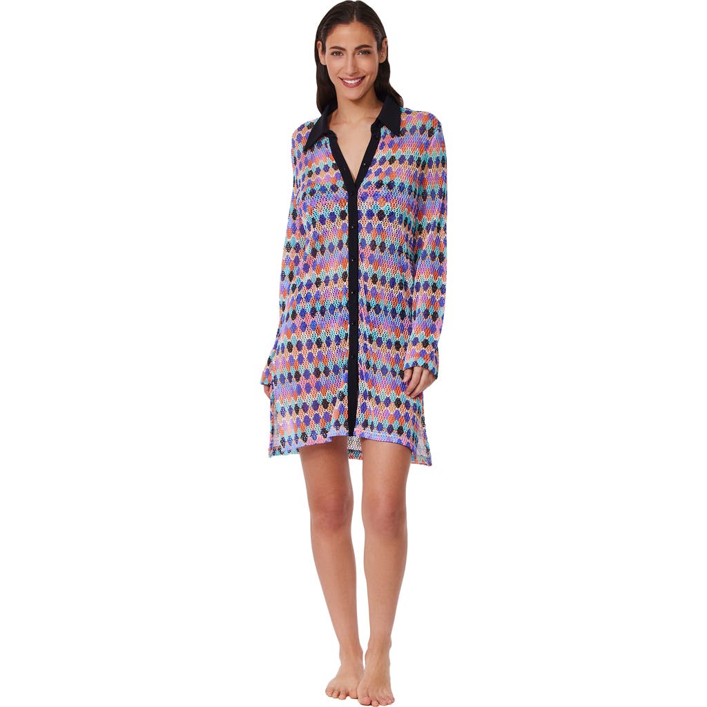 Profile By Gottex Retro Riviera Netted Crochet Buttoned Tunic Cover-up In Multi