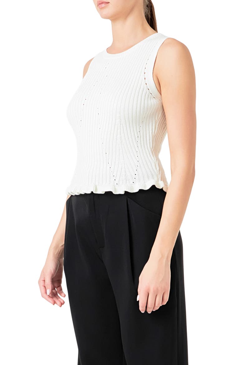 Frill Detail Rib Sleeveless Knit Top, Alternate, color, OFF WHITE