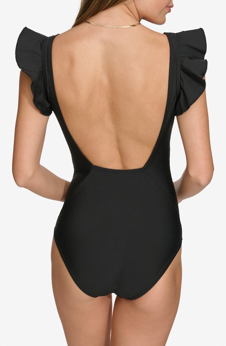 DKNY Plunge Neck Ruffle One-Piece Bikini, Alternate, color, Black