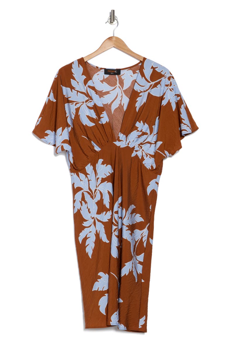 Floral Short Sleeve Empire Waist Dress, Alternate, color, RUST/ BLUE