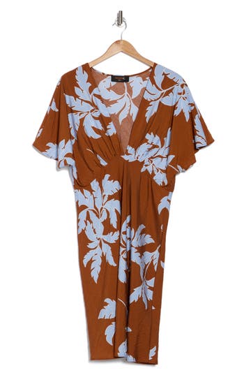 Shop Renee C Floral Short Sleeve Empire Waist Dress In Rust/blue