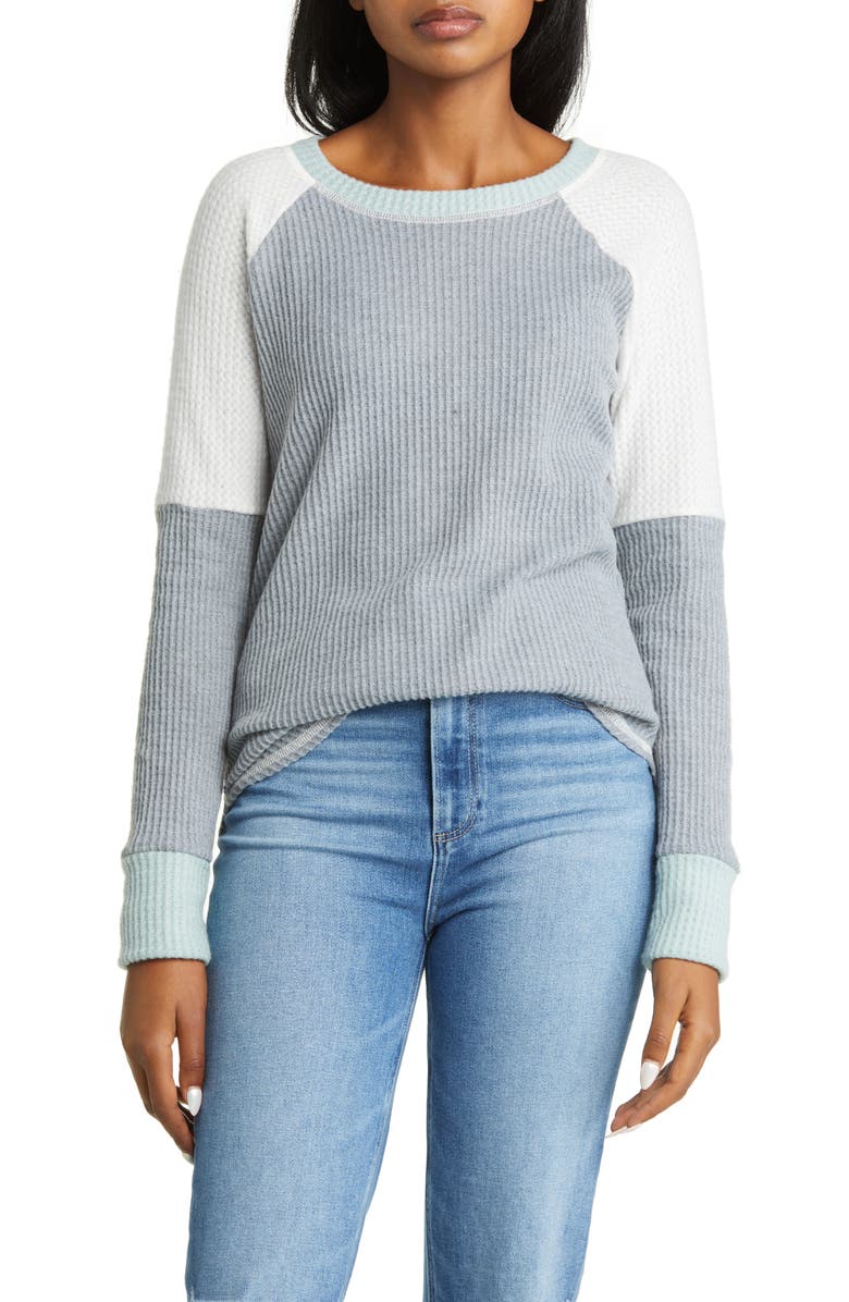 Loveappella Colorblock Raglan Sleeve Waffle Knit Top, Main, color,