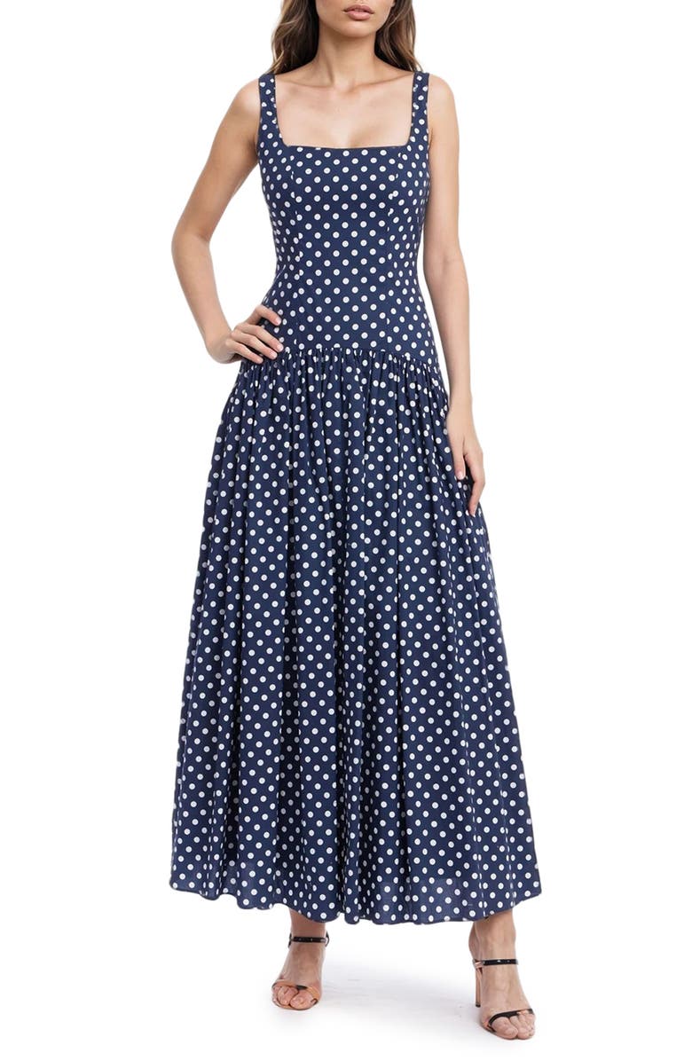 Jewel Badgley Mischka Polka Dot Drop Waist Cotton Maxi Dress, Main, color, Midnight