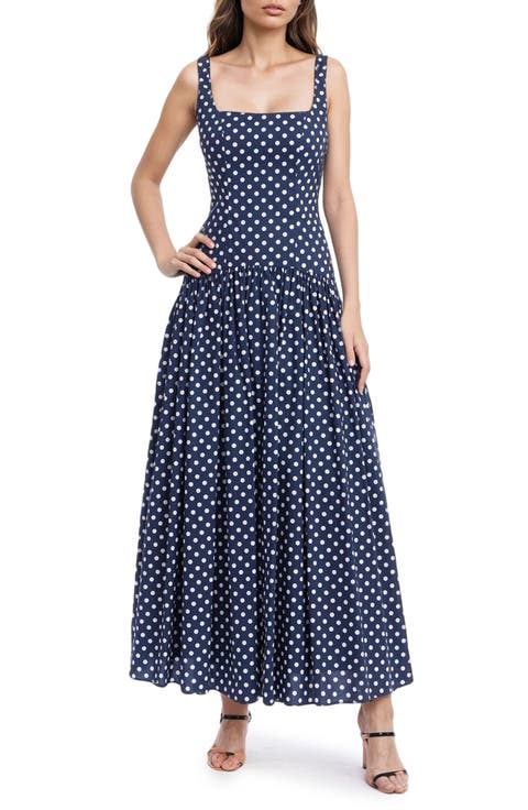 Polka Dot Drop Waist Cotton Maxi Dress