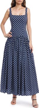 Jewel Badgley Mischka Polka Dot Drop Waist Cotton Maxi Dress