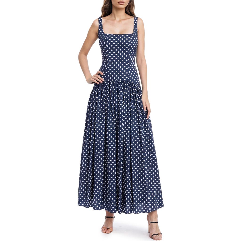 Jewel Badgley Mischka Polka Dot Drop Waist Cotton Maxi Dress In Blue