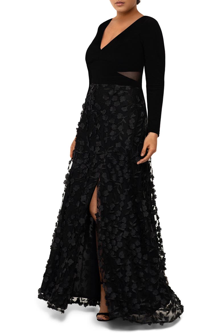 Xscape 3D Floral & Mesh Cutout Long Sleeve Gown, Alternate, color, BLACK/ BLACK