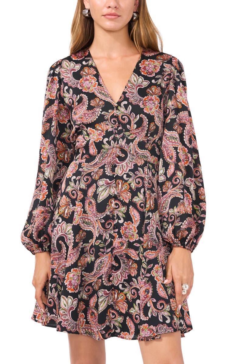 1.STATE V-Neck Long Sleeve Button Front Minidress, Alternate, color, Rich Black