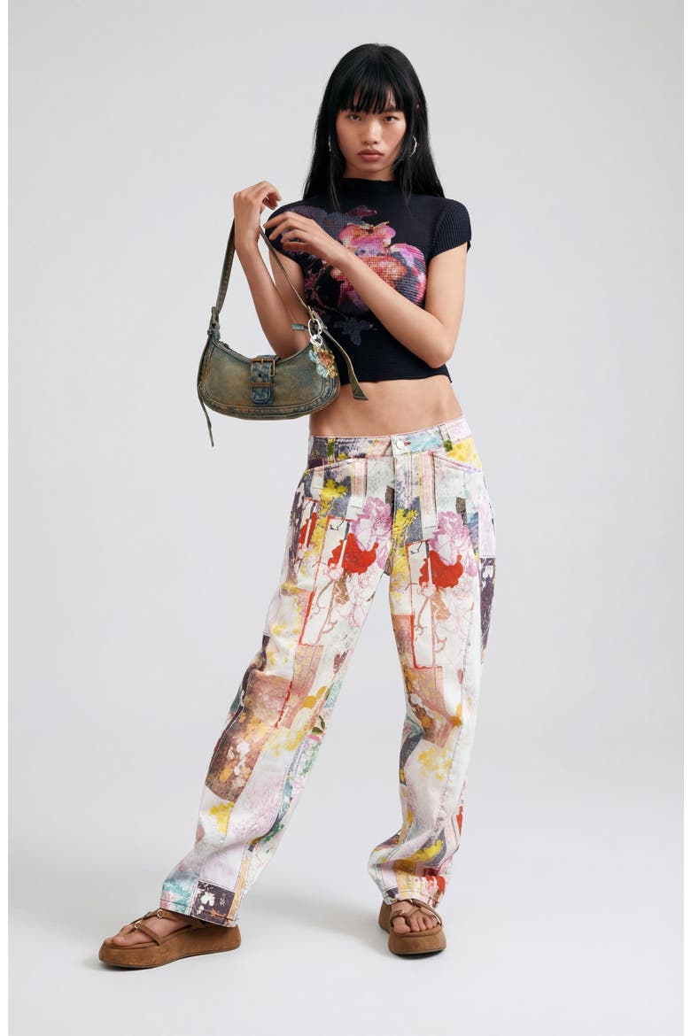 Mixed Print Stretch Cotton Denim Pants, Alternate, color, ORANGE MULTI