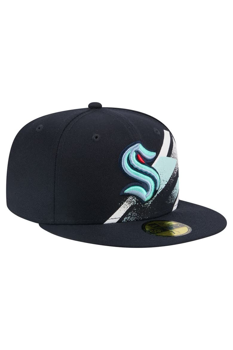 Men's New Era Deep Sea Blue Seattle Kraken Faded Lines 59FIFTY Fitted Hat, Alternate, color, Navy