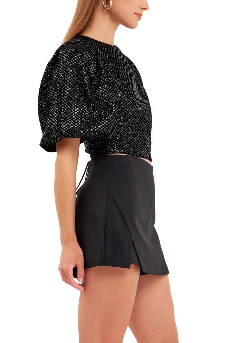 Sequin Lace-Up Puff Sleeve Crop Top, Alternate, color, BLACK