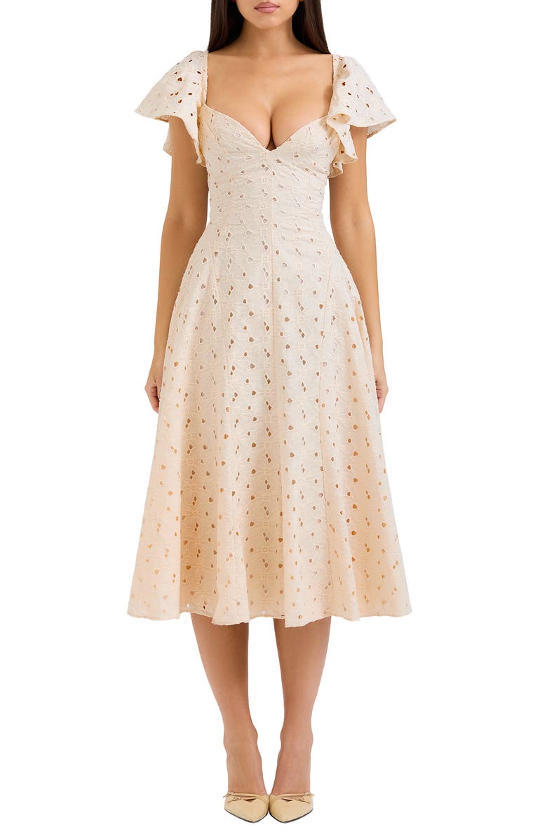 HOUSE OF CB Amaya Flutter Sleeve Lace Midi Dress, Main, color, Ecru
