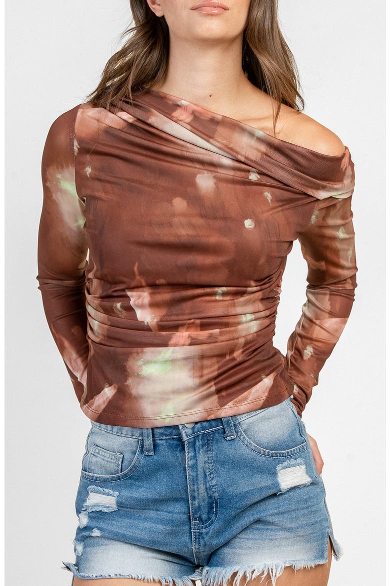Asymmetric Off the Shoulder Mesh Top, Main, color, RUST