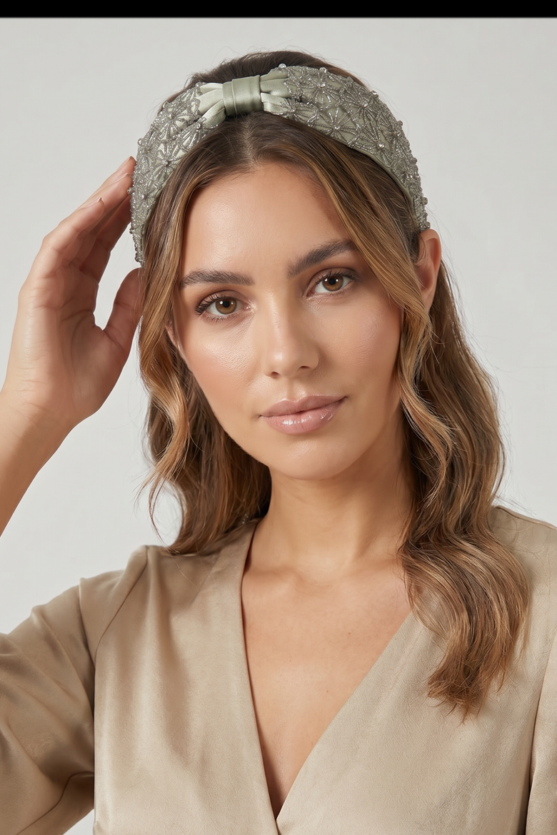 French Grey Embroidered Headband, Alternate, color, Green