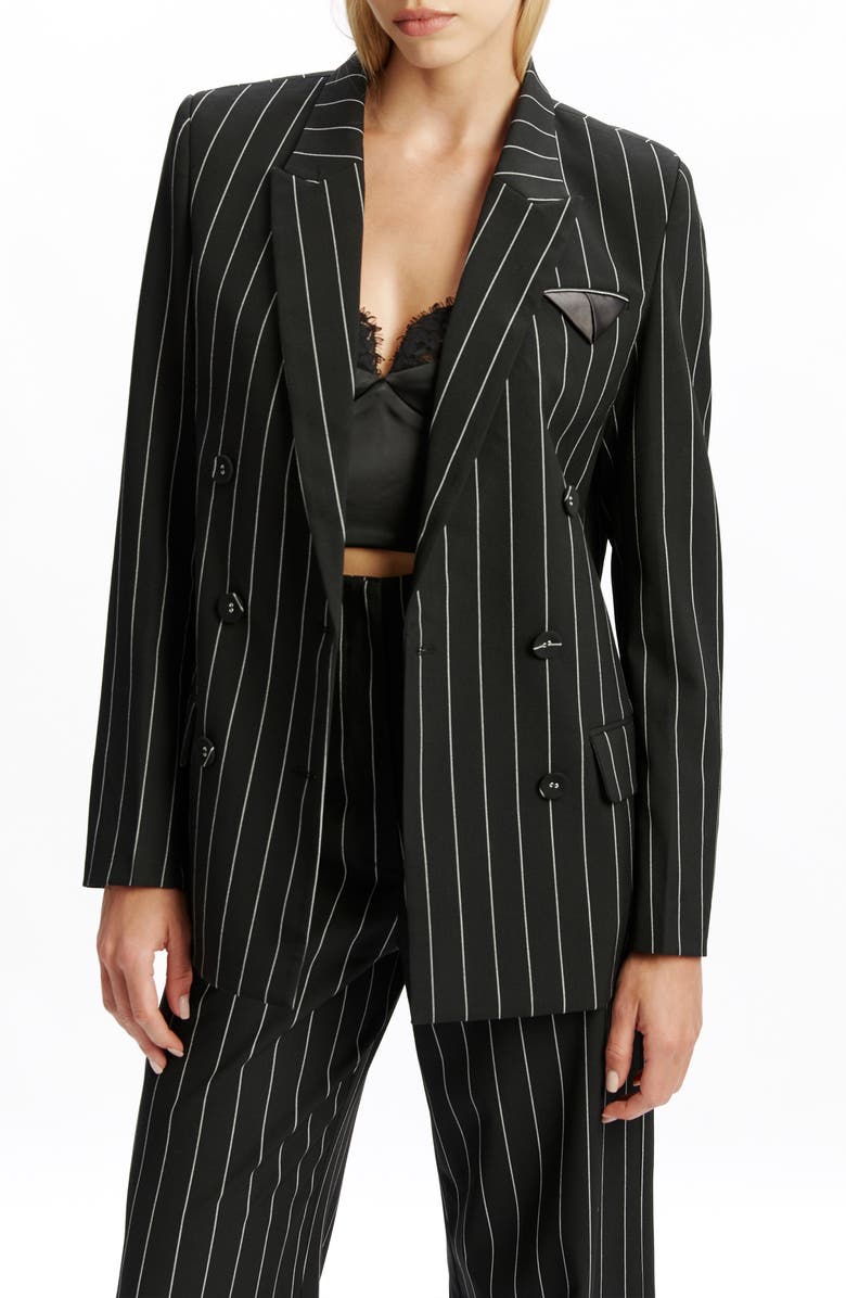 Bardot Sloane Oversize Pinstripe Double Breasted Blazer, Main, color, Black Stripe