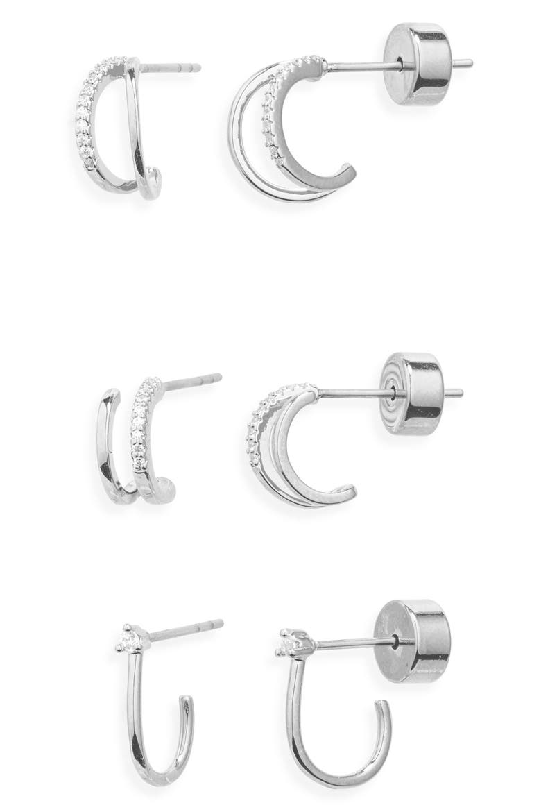Set of 3 Demi Fine Dainty Huggie Hoop Earrings, Main, color, STERLING SILVER PLATED