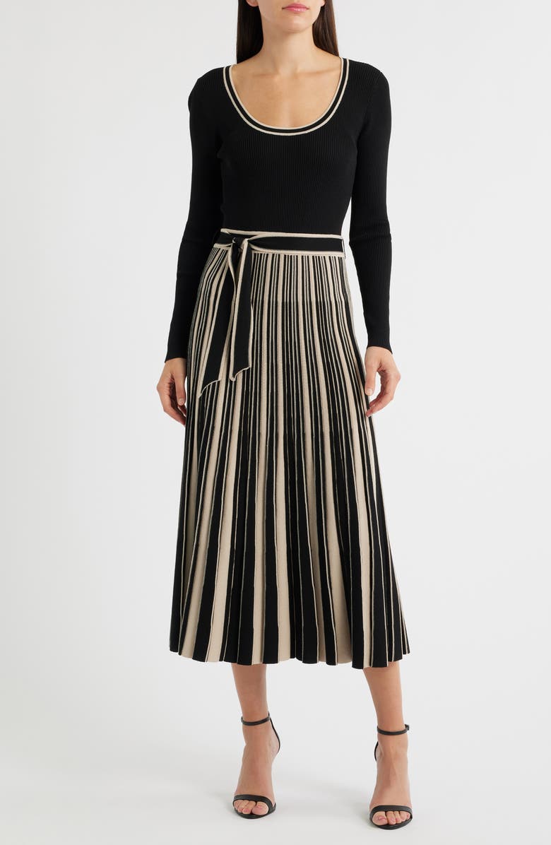 MOON RIVER Tie Waist Long Sleeve Rib Maxi Sweater Dress, Main, color, 