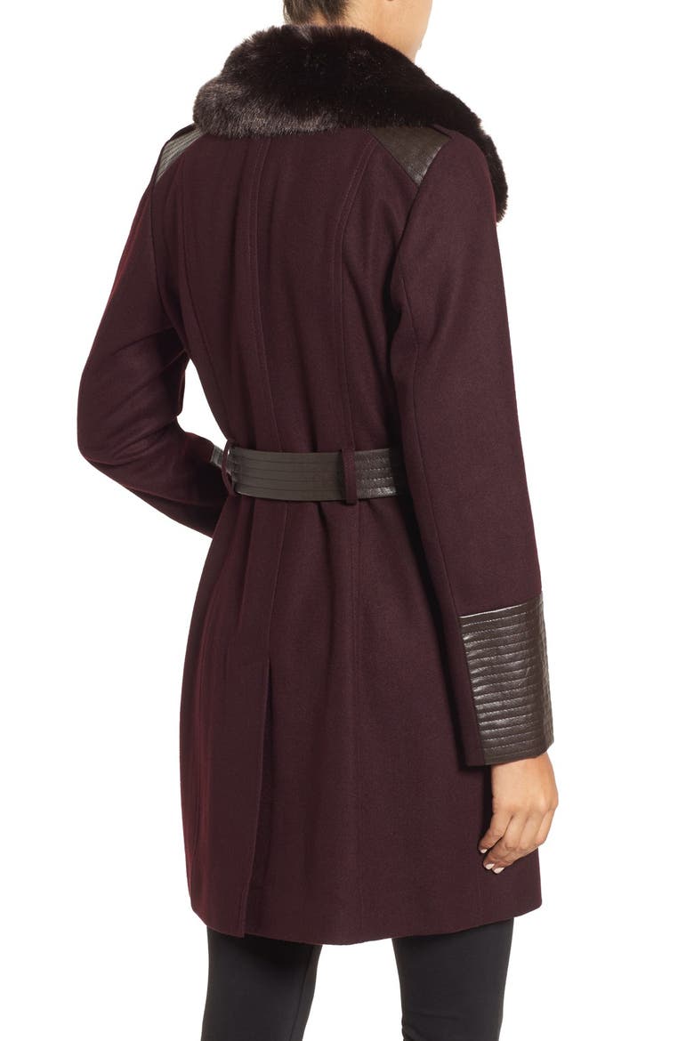 Faux Leather & Faux Fur Trim Belted Wool Blend Coat, Alternate, color, OLD WINE