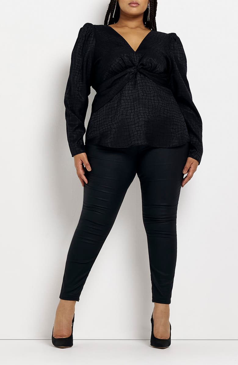 River Island Jacquard Twist Front Long Sleeve Blouse, Alternate, color,