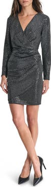 DKNY Metallic Long Sleeve Surplice Minidress