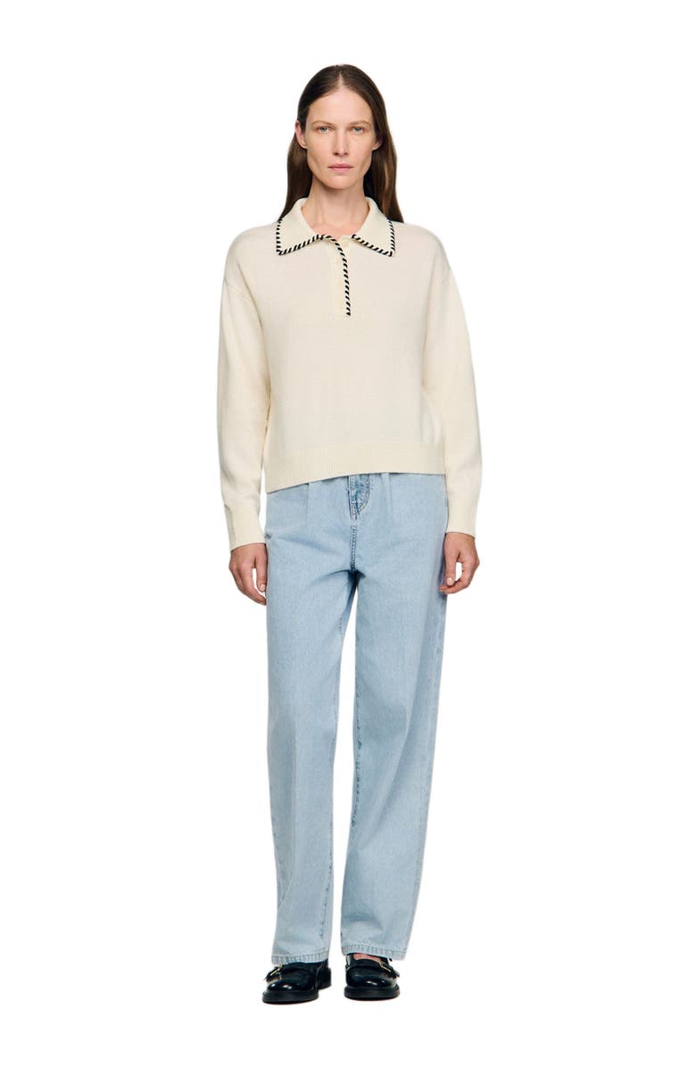 SANDRO Contrast polo-neck knit sweater, Alternate, color, Ecru / Black