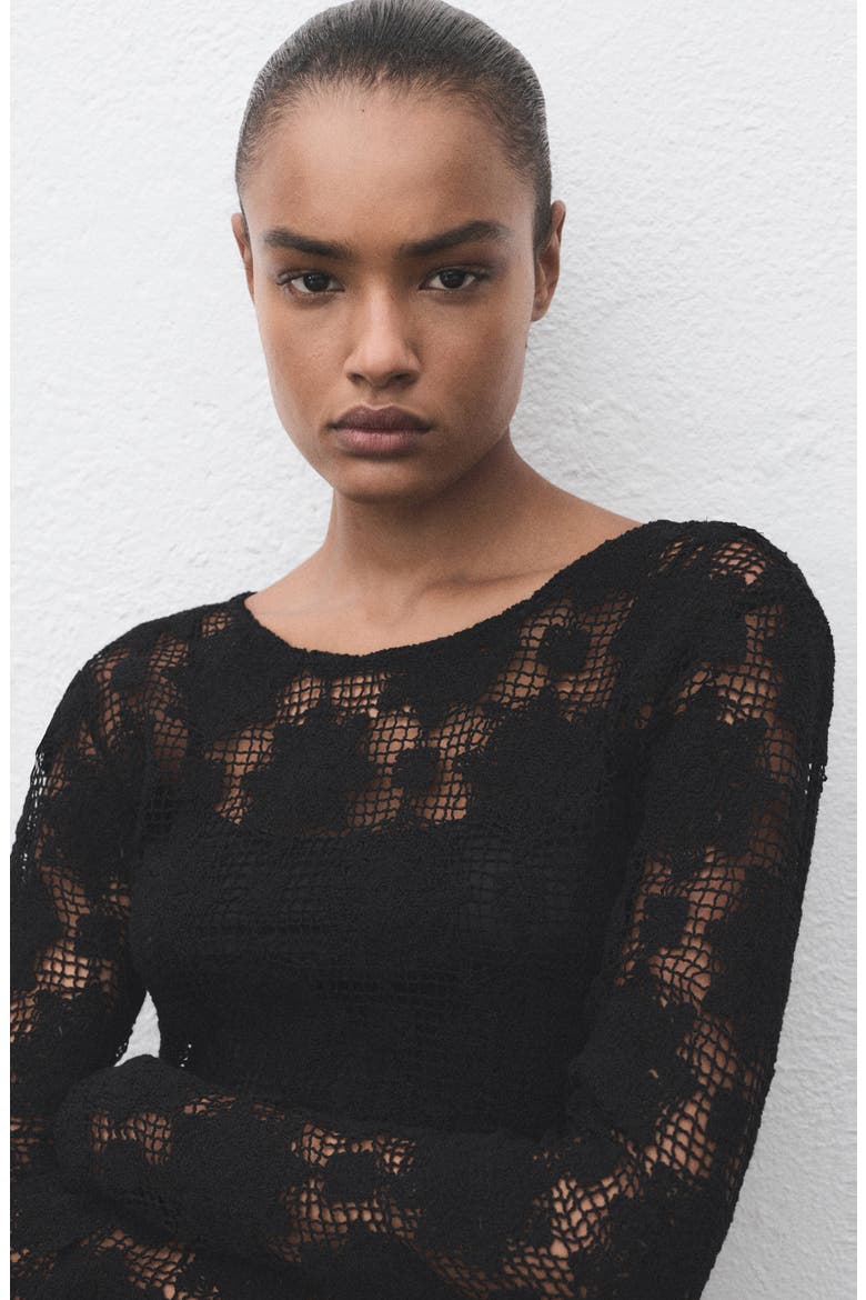 Long Sleeve Open Stitch Minidress, Alternate, color, BLACK