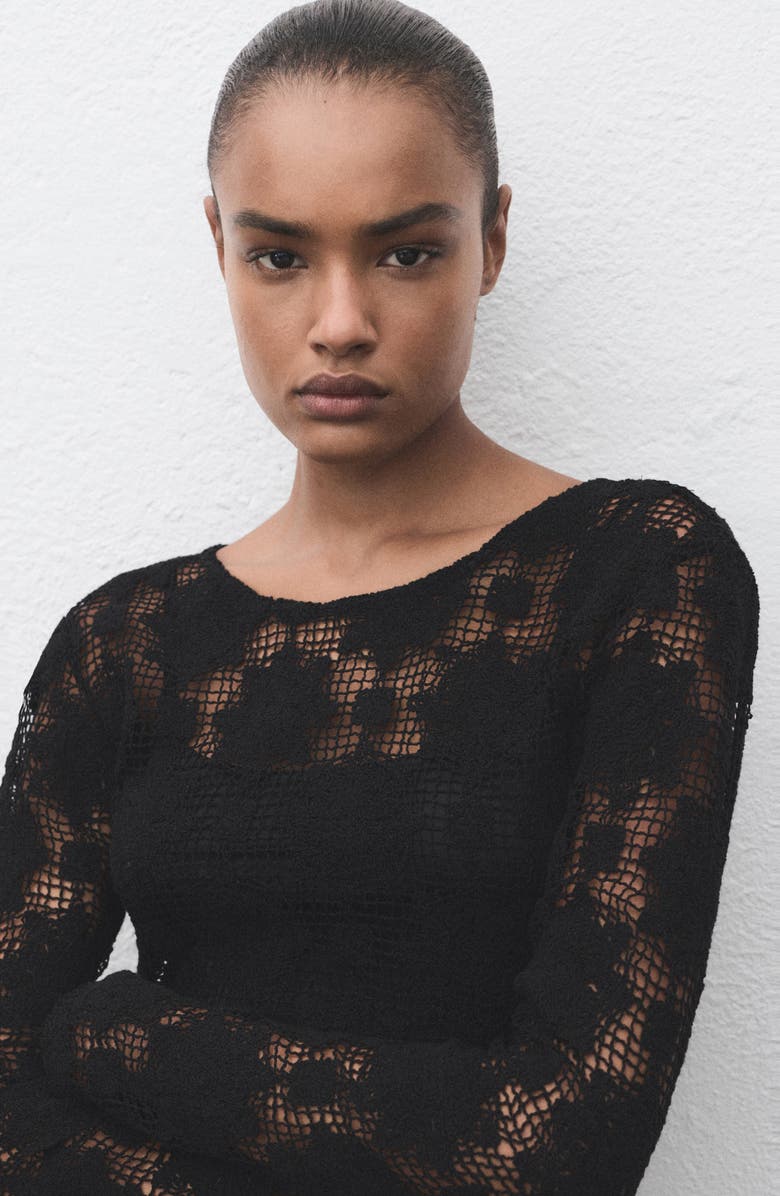 MANGO Long Sleeve Open Stitch Minidress, Alternate, color, Black