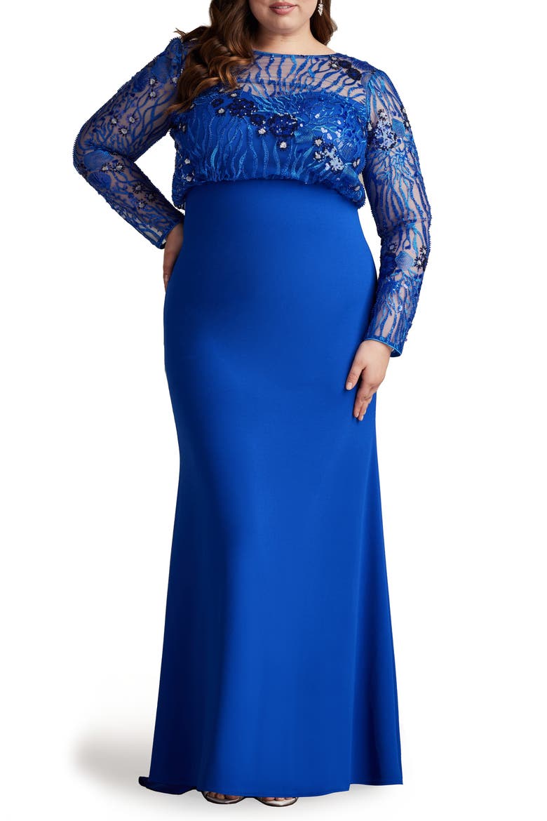 Sequin Blouson Bodice Long Sleeve Gown, Main, color, MYSTIC BLUE