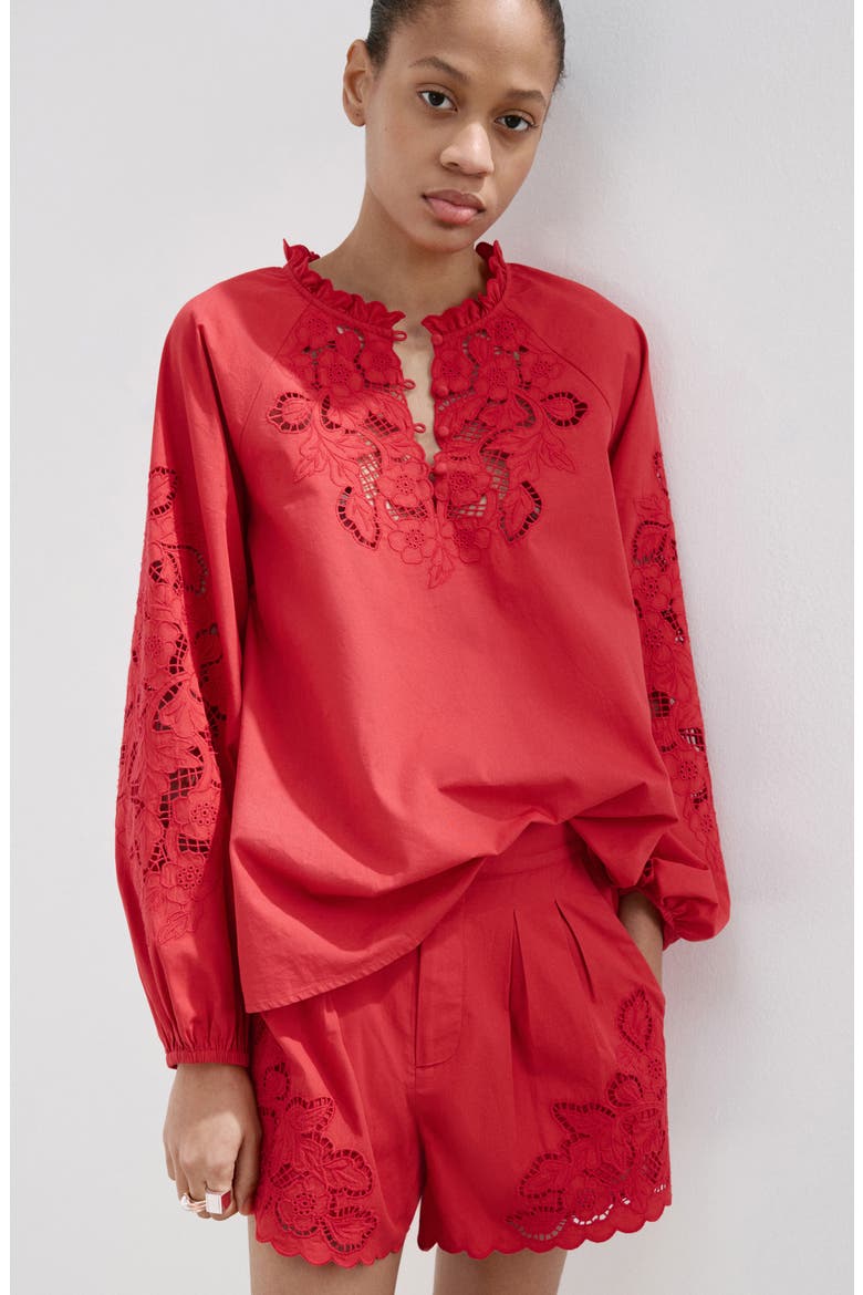 Cotton Ruffle Trim Broderie Anglaise Top, Alternate, color, RED