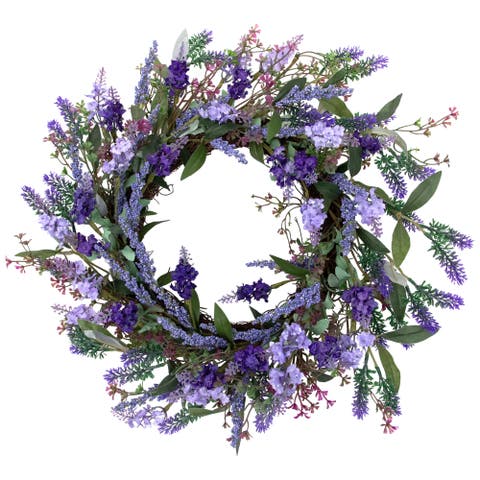 Lavender Artificial Spring Floral Wreath, Purple and Green - 18-Inch