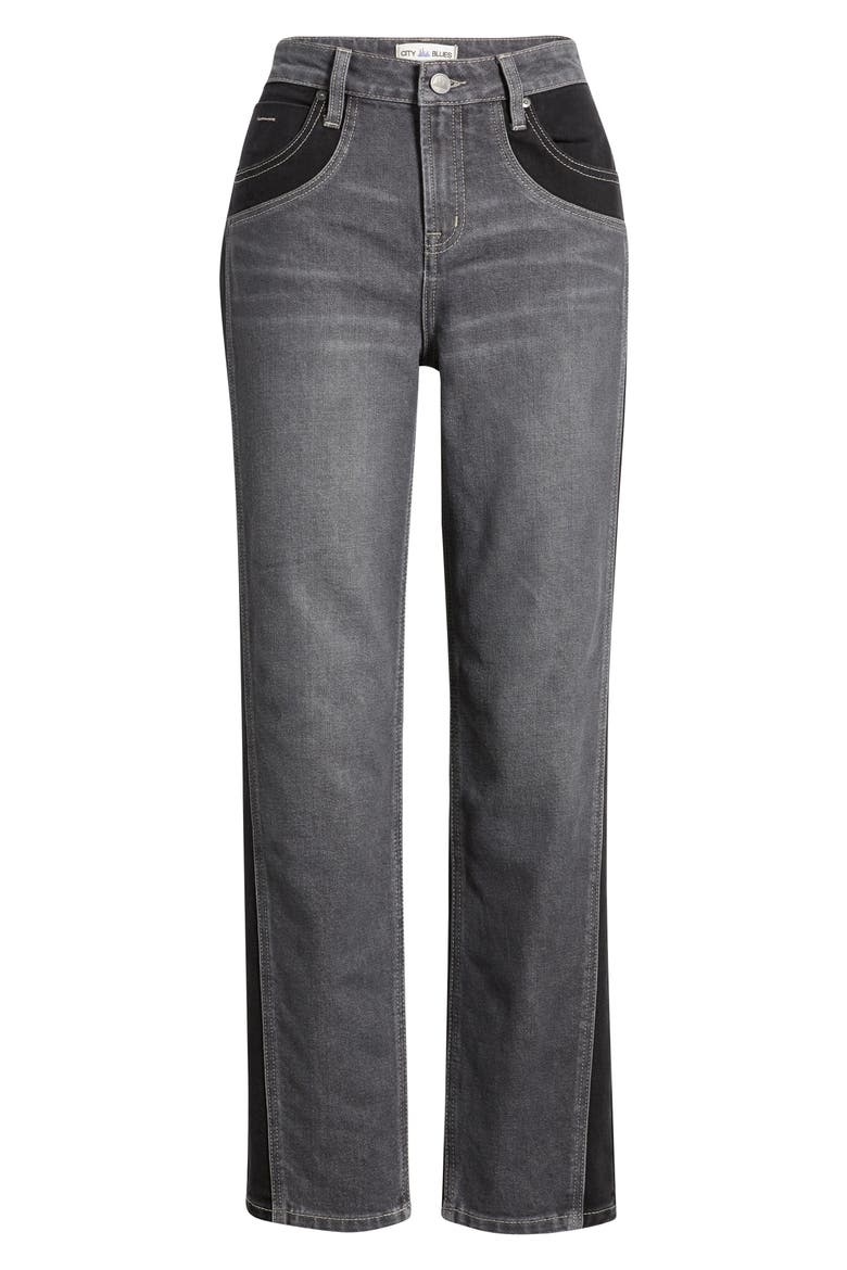Two-Tone High Waist Straight Leg Jeans, Alternate, color, DARK WHISKER WASH