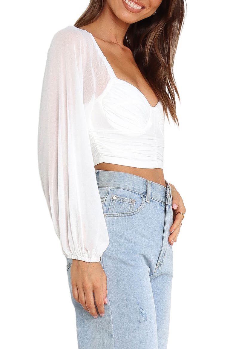 Adele Sheer Sleeve Crop Top, Alternate, color, WHITE