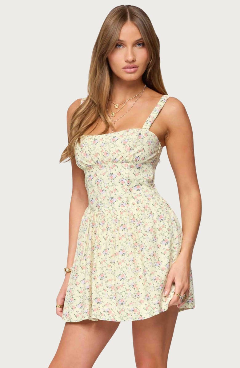 EDIKTED Sadee Ruched Floral Fit & Flare Minidress, Alternate, color, Yellow