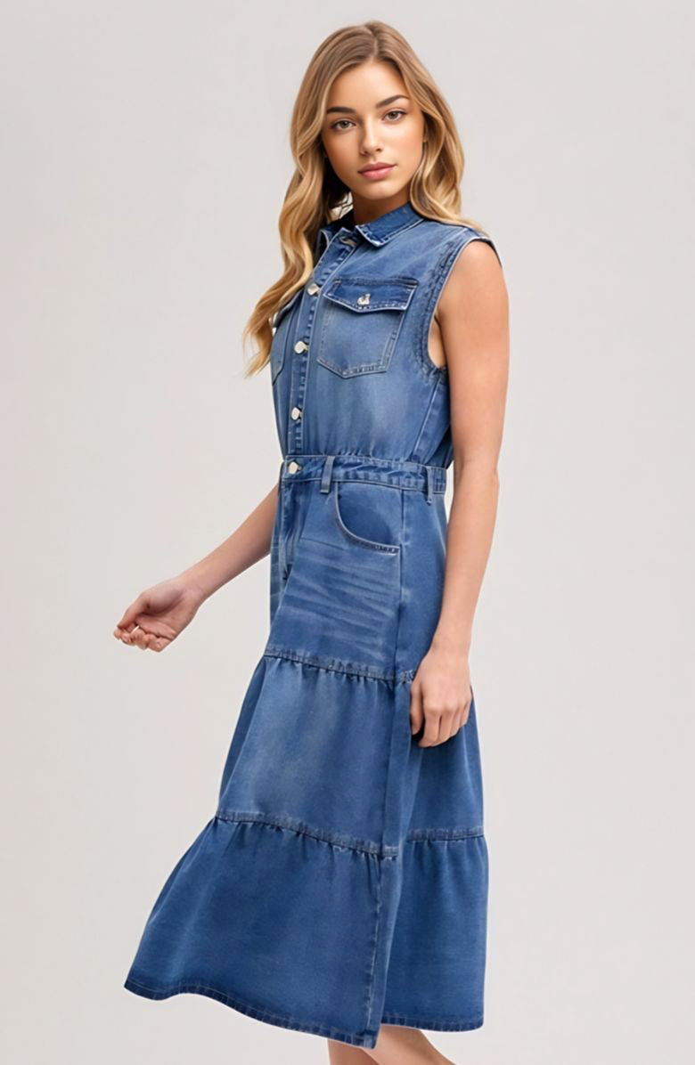 Knit and Lounge Sleeveless Tiered Denim Midi Dress, Alternate, color, Navy