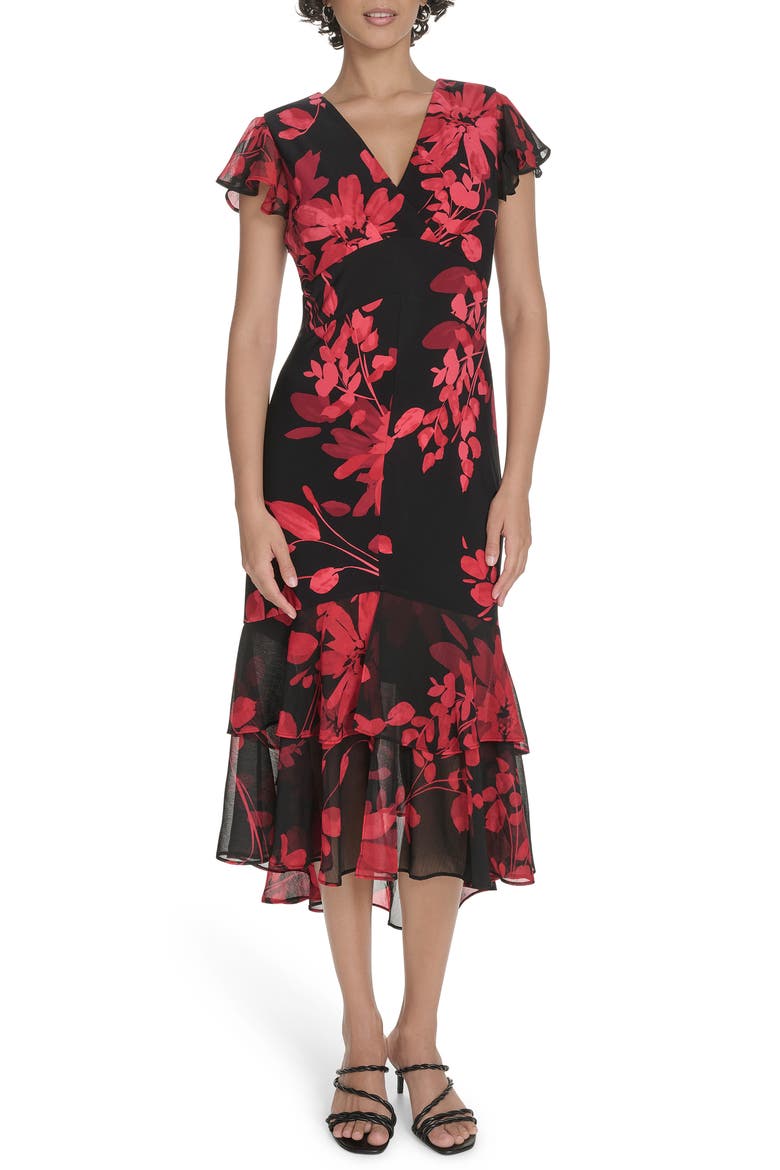 Chiffon Flutter Sleeve Midi Dress, Main, color, DEEP SCARLET MULTI