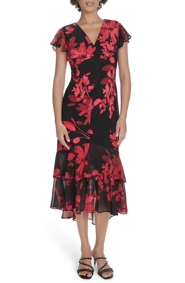 Tommy Hilfiger Chiffon Flutter Sleeve Midi Dress, Main, color, Deep Scarlet Multi